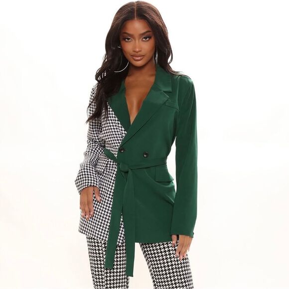Fashion Nova Green Black & White Houndstooth Patterned Boxy Boyfriend Blazer - Picture 1 of 11